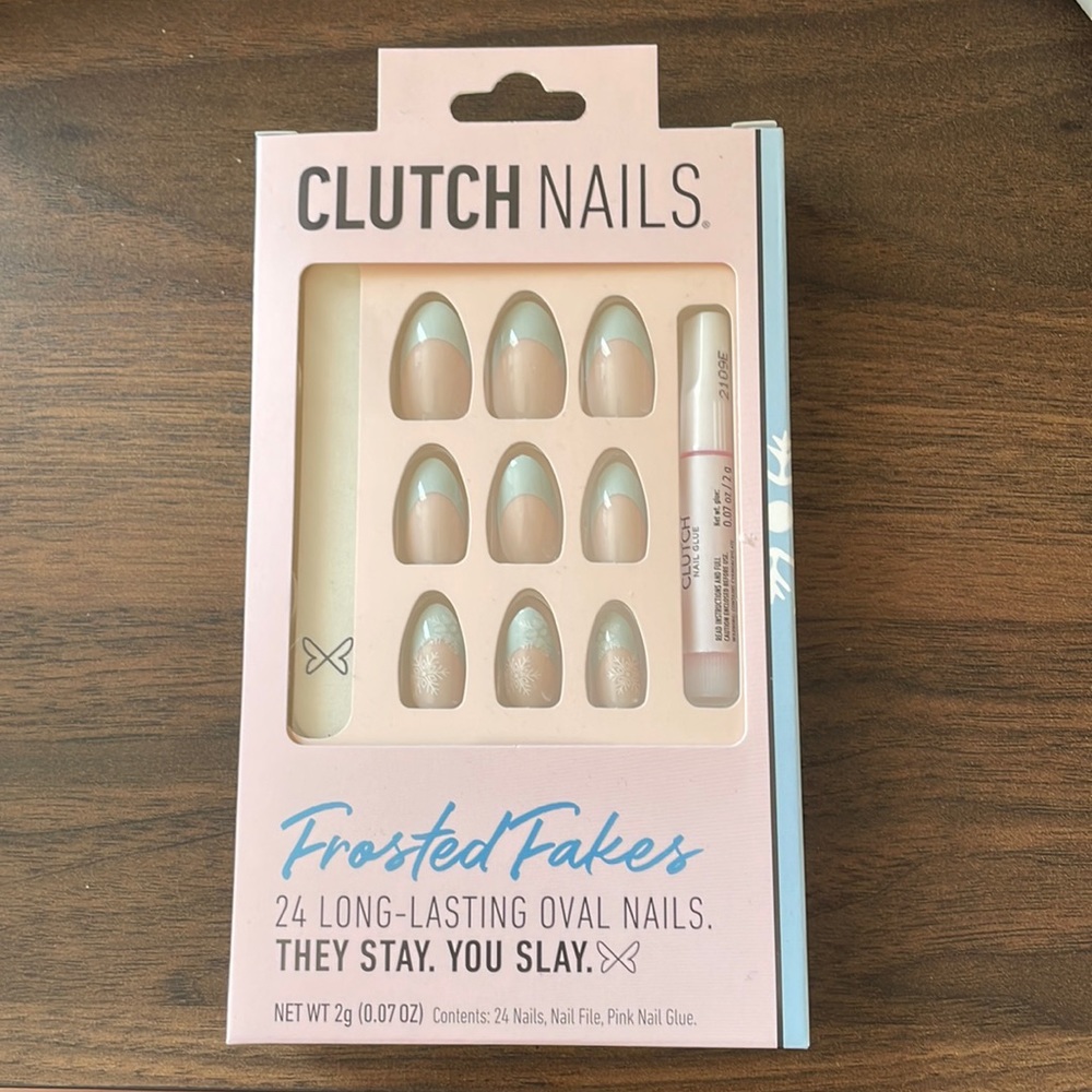 Unopened Clutch Nails - Frosted Fakes Medium Oval blue French glue on nails